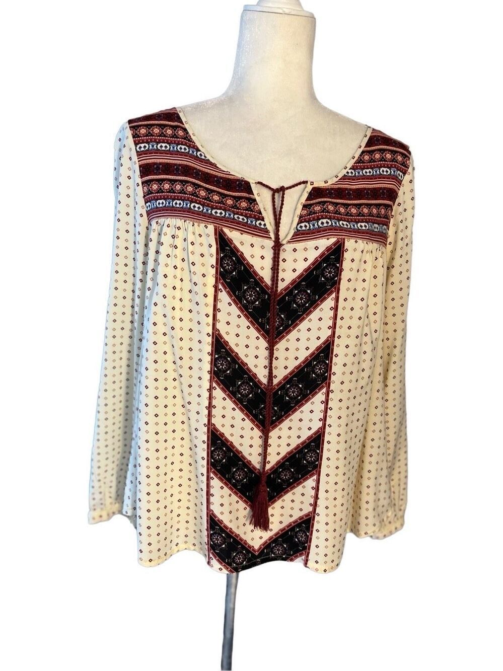Cloud Chaser cream and maroon patterned boho long sleeve peasant blouse with tie